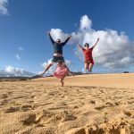 The three os us jumping mid air in the Corralejo sand dunes, Fuerteventura