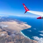 A view of Lanzarote and the coastline from the plane window.